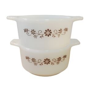 Vintage Dynaware Pyr-O-Rey Brown Daisy Milk Glass Stackable Bowls